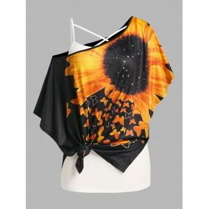 

Plus Size Batwing Sleeve Sunflower Print Tee and Camisole Set, Black