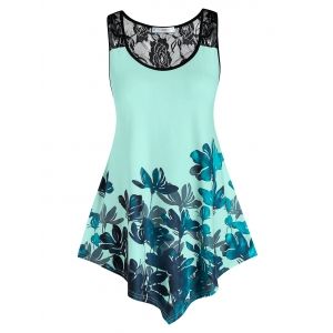 

Plus Size Flower Print Lace Panel Sheer Asymmetric Tank Top, Light green