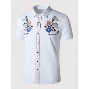 

Guitar Skull Rose Embroidered Metallic Thread Shirt, White