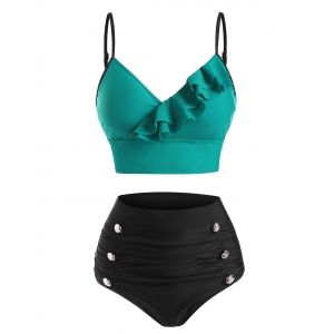 

Colorblock Ruffle Mock Button Tummy Control Bikini Swimwear, Green