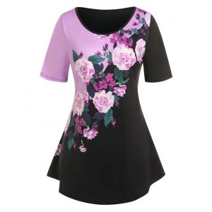 

Plus Size Floral Print Colorblock Tee, Black