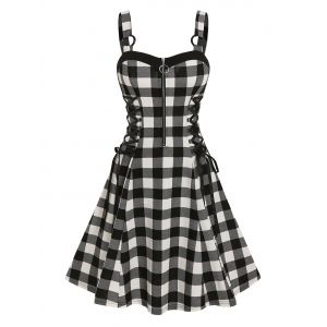 

Lace Up Checked O Ring Dress, Black