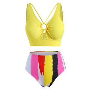 

Plus Size O Ring Colorful Striped Tankini Swimwear, Yellow