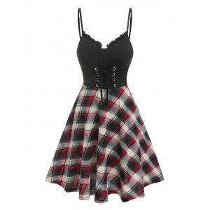 

Lace-up Front Plaid Print Cami Dress, Black