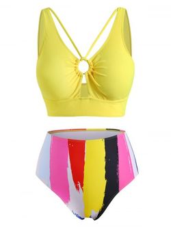 Plus Size O Ring Colorful Striped Tankini Swimsuits - YELLOW - L