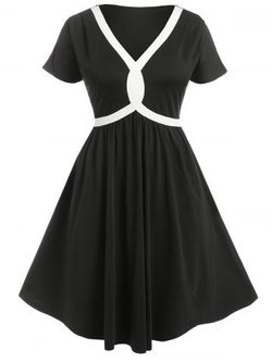 Plus Size & Curve Contrast Piping Knee Length Dress - BLACK - 1X