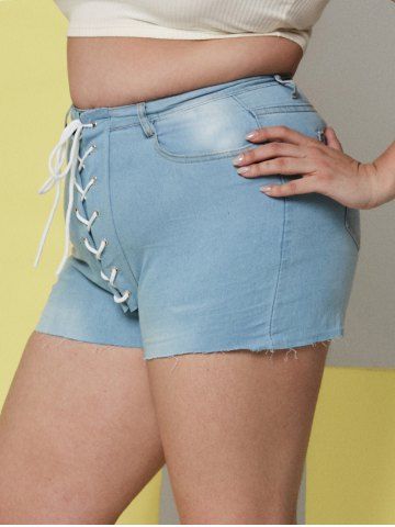 Raw Hem Lace Up Plus Size Denim Shorts - LIGHT BLUE - 5XL