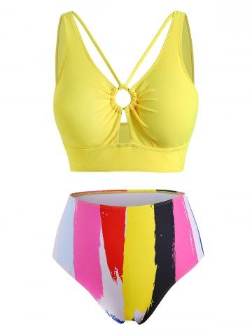 Plus Size O Ring Colorful Striped Tankini Swimsuits - YELLOW - L