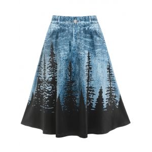 

Plus Size 3D Jean Print Trees A Line Skirt, Deep blue