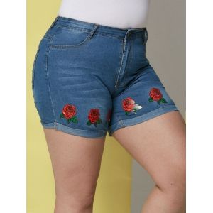 

Floral Rose Cuffed Hem Plus Size Denim Shorts, Blue