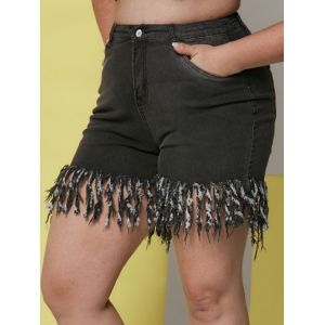 

Frayed Fringed Shredded Plus Size Denim Shorts, Black