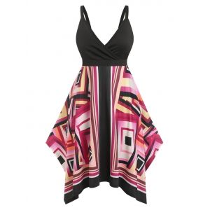 

Plus Size Psychedelic Geometric Handkerchief Surplice Dress, Black