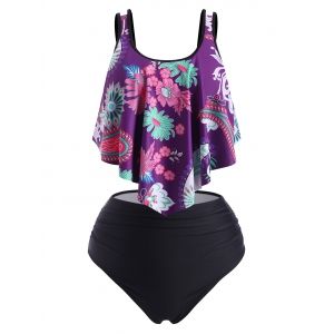 

Plus Size Flower Paisley Draped High Waisted Tankini Swimwear, Purple