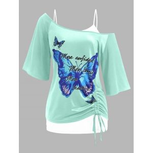 

Plus Size Cinched Skew Neck Butterfly Print Tee and Lace Tank Top Twinset, Light green