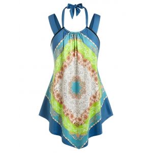 

Plus Size Irregular Scarf Print Tank Top, Blue