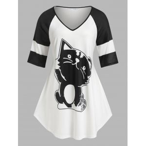 

Plus Size Cat Print Raglan Sleeve Tee, White