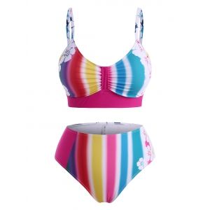 

Plus Size Rainbow Striped Flower High Waisted Bikini Swimwear, Multi