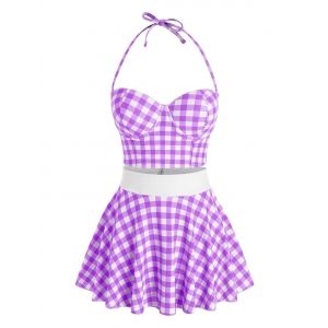 

Plus Size Halter Underwire Gingham Tankini Swimwear, Purple