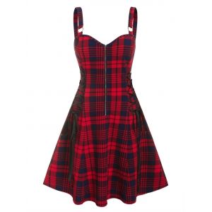 

Plus Size Zippered Lace Up Plaid Dress, Red