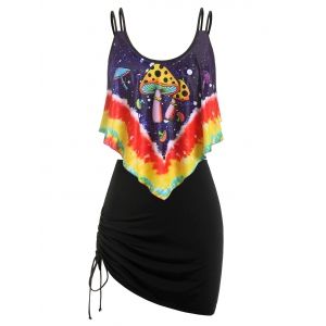 

Plus Size Overlay Mushroom Print Cinched Three Piece Tankini Swimwear, Black