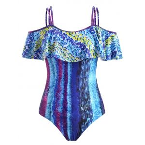 

Plus Size Leopard Snakeskin Flounce Overlay One-piece Swimsuit, Blue
