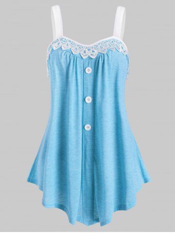 Lace Panel Button Embellished Casual Tank Top - LIGHT BLUE - L