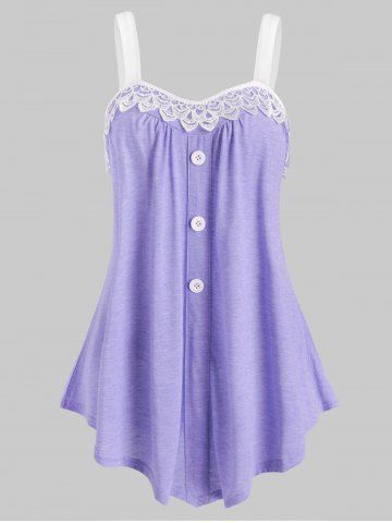 Lace Panel Button Embellished Casual Tank Top