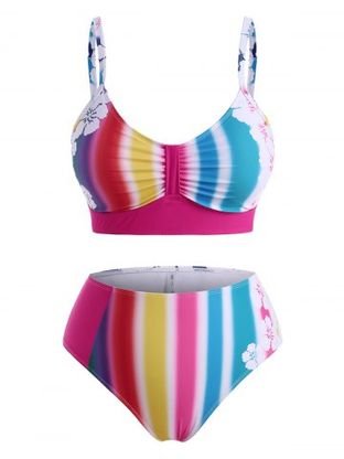Plus Size Rainbow Striped Flower High Waisted Bikini Swimwear