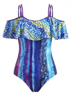 Plus Size Leopard Snakeskin Flounce Overlay One-piece Swimsuit - BLUE - 1X