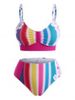 Plus Size Rainbow Striped Flower High Waisted Bikini Swimwear -  