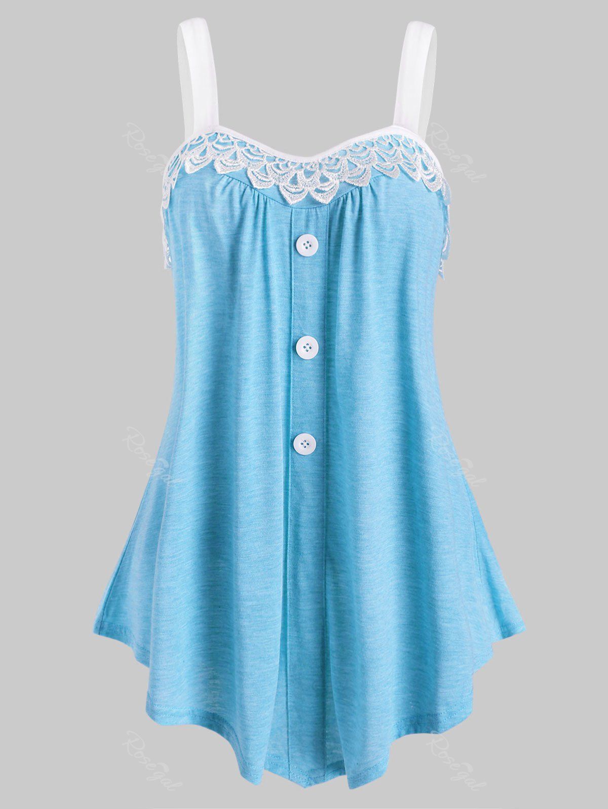 Unique Lace Panel Button Embellished Casual Tank Top  