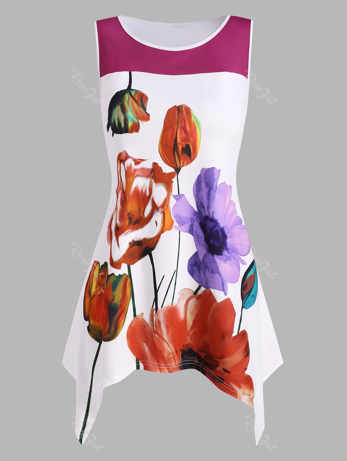 Trendy Plus Size Flower Print Handkerchief Tank Top  