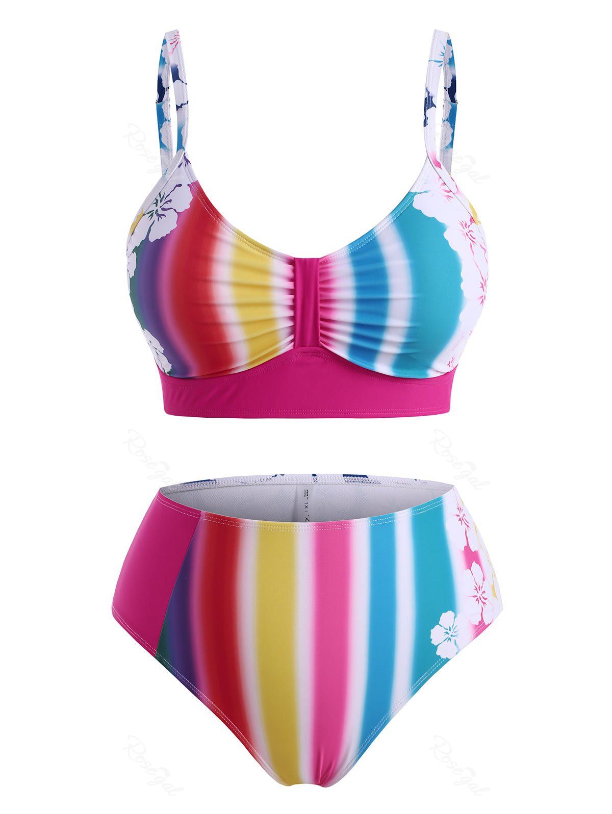 Online Plus Size Rainbow Striped Flower High Waisted Bikini Swimwear  