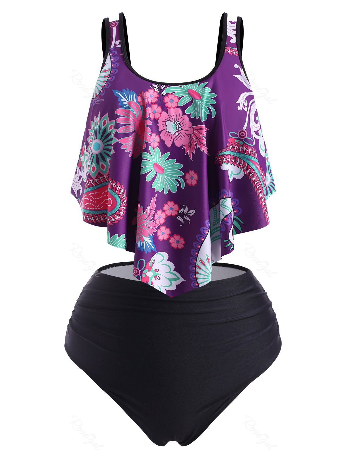 Outfit Plus Size Flower Paisley Draped High Waisted Tummy Control Tankini Swimwear  