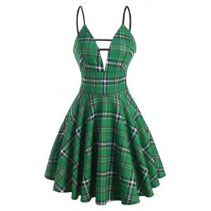 

Plaid Plunge Front Ladder Cut Mini Dress, Green