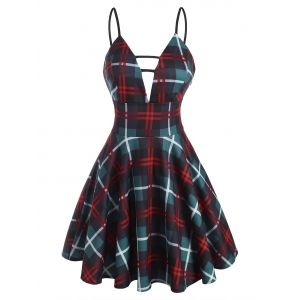 

Plaid Plunge Front Ladder Cut Mini Dress, Deep blue