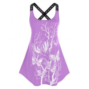 

Plus Size Butterfly Branch Print Lace Crochet Crisscross Tank Top, Light purple