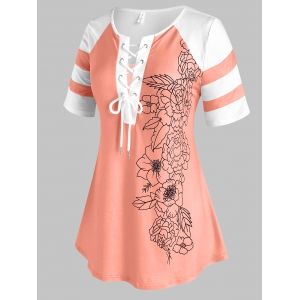 

Plus Size Lace Up Floral Colorblock T Shirt, Light pink