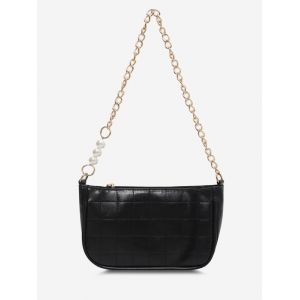 

Faux Pearl Chain Quilted Shoulder Bag, Black