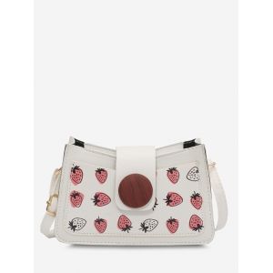 

Strawberry Print Round Button Shoulder Bag, White