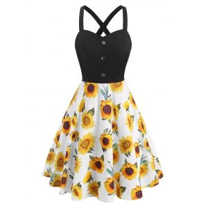 

Sunflower Print Mock Button Criss Cross Dress, Multi