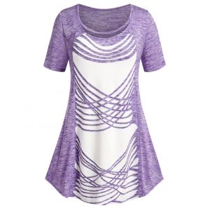 

Plus Size Lattice Pattern Space Dye Round Hem Tee, Purple