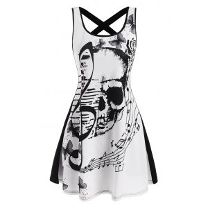 

Skull Musical Note Butterfly Print Criss Cross Tank Dress, White