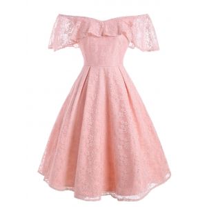 

Flounce Overlay Lace Off Shoulder Party Dress, Light pink