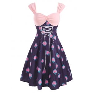 

Vintage Strawberry Print Lace Up Ruched Dress, Multi