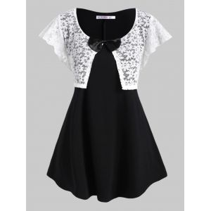 

Bowknot Sparkle Lace Panel Plus Size Top, Black