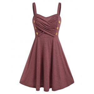 

Sleeveless Criss-cross Mock Button Dress, Deep red