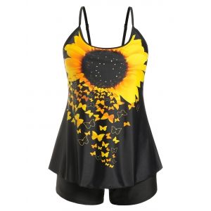 

Plus Size Sunflower Butterfly Print Modest Tankini Swimwear, Black