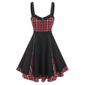 

Gothic Plaid Zippered Layered Dress, Black