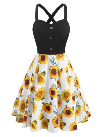Sunflower Print Mock Button Criss Cross Dress - MULTI - S